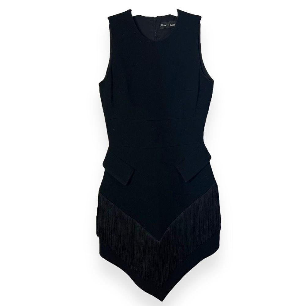 David Koma Black Fringe Trim Triangle Sleeveless Mini Cocktail Dress Size 6 - Picture 10 of 16